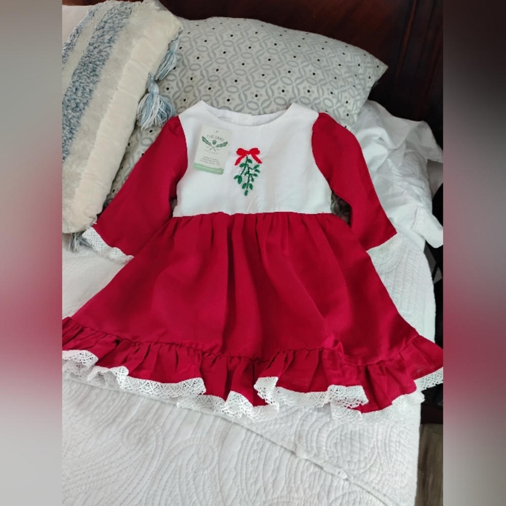Red and White Holiday Dress with Lace Trim